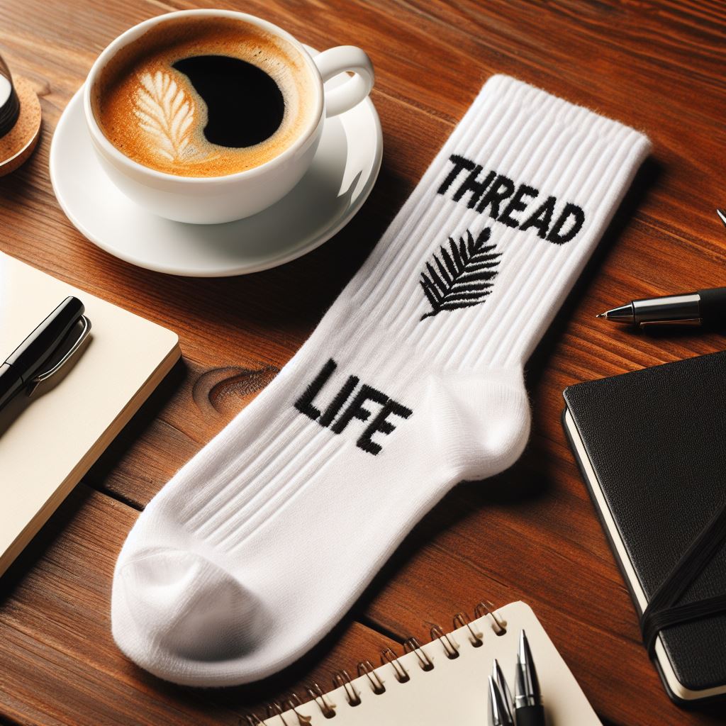 A custom sock with a logo lying on a table