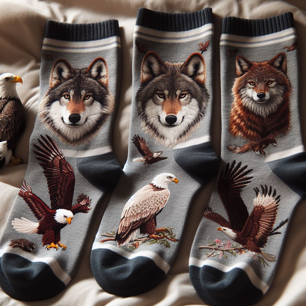 Custom socks with embroidered designs of wildlife on them.