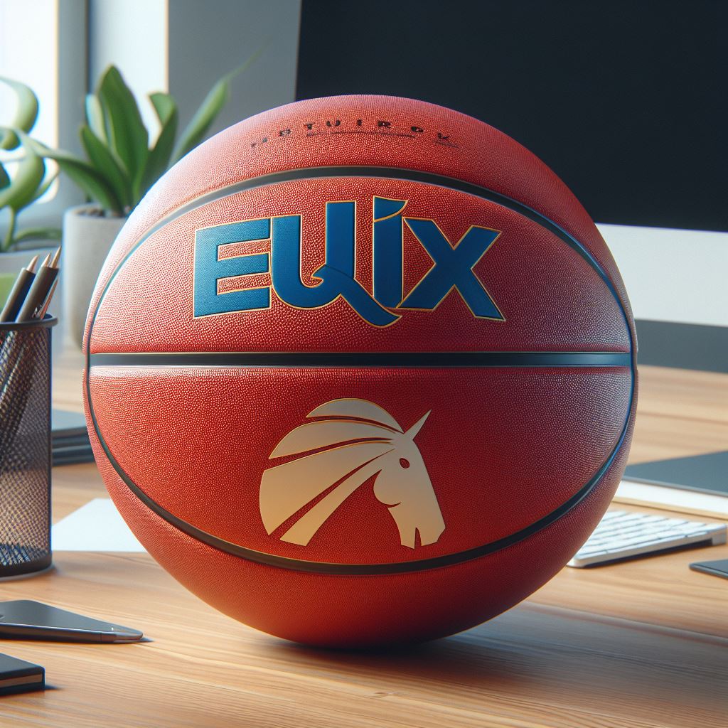 A custom basketball with a logo on an office bench.