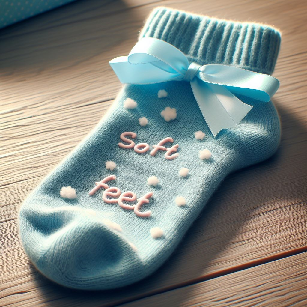 A custom sock for children in light-blue color. It is lying on the floor and has a ribbon attached to it. It is made by EverLighten.