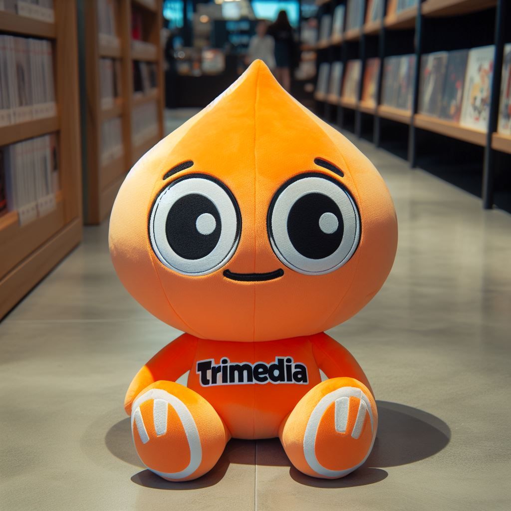 A custom plush stuffed mascot for a company sitting on the floor. It is orange in color.