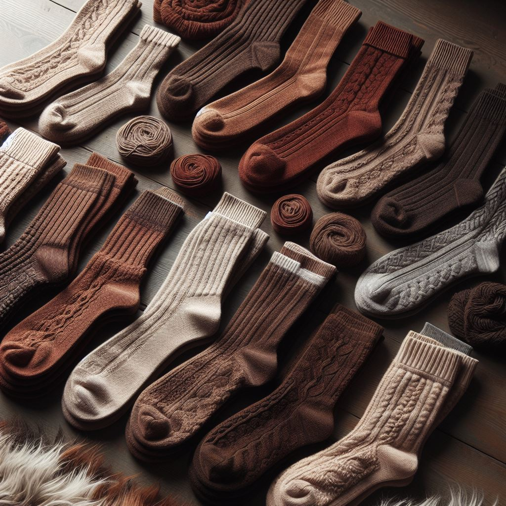 Various custom socks in rich browns, taupes, beiges, etc., lying on the floor. They are all made by EverLighten for various clients.