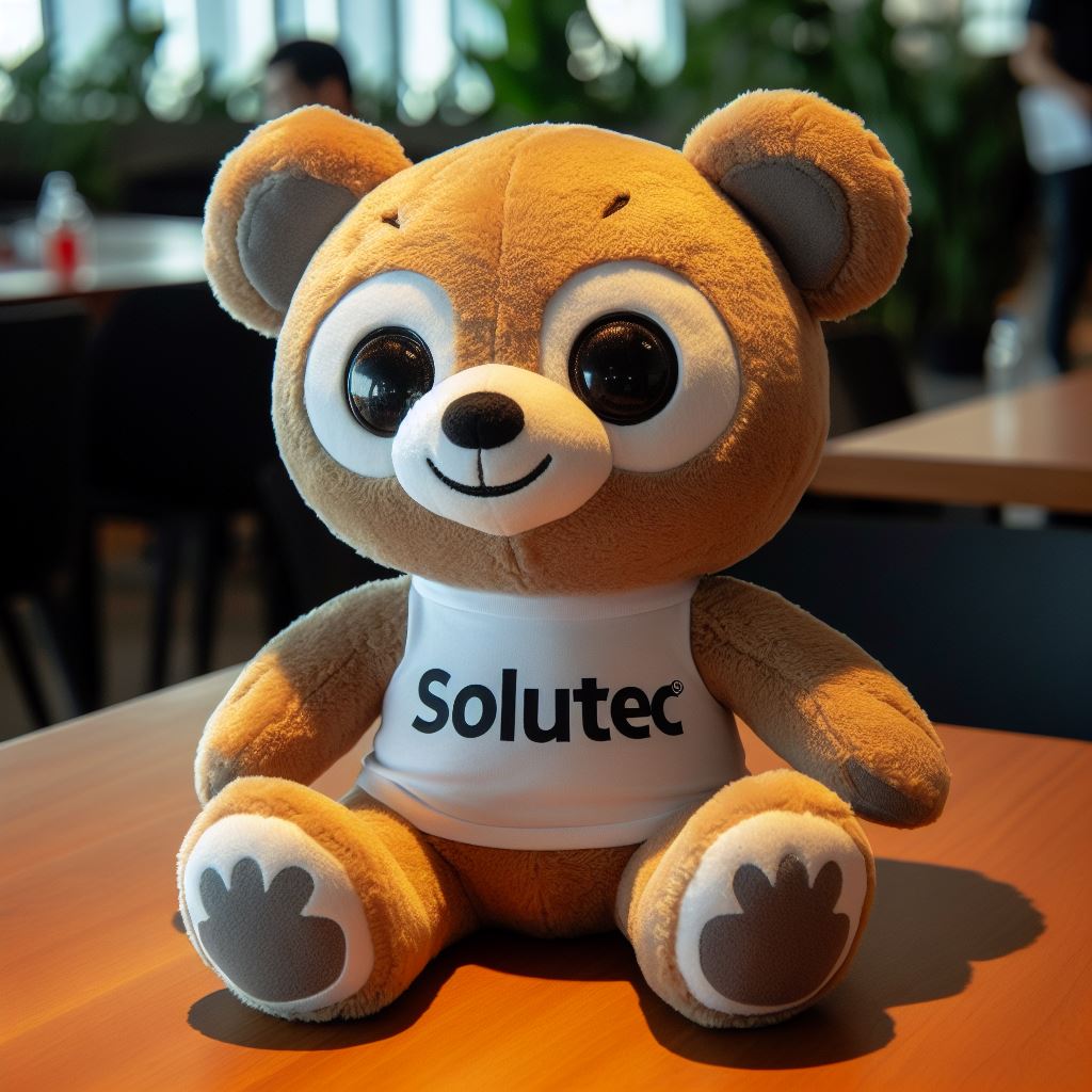 A promotional plush toy kept on a desk.