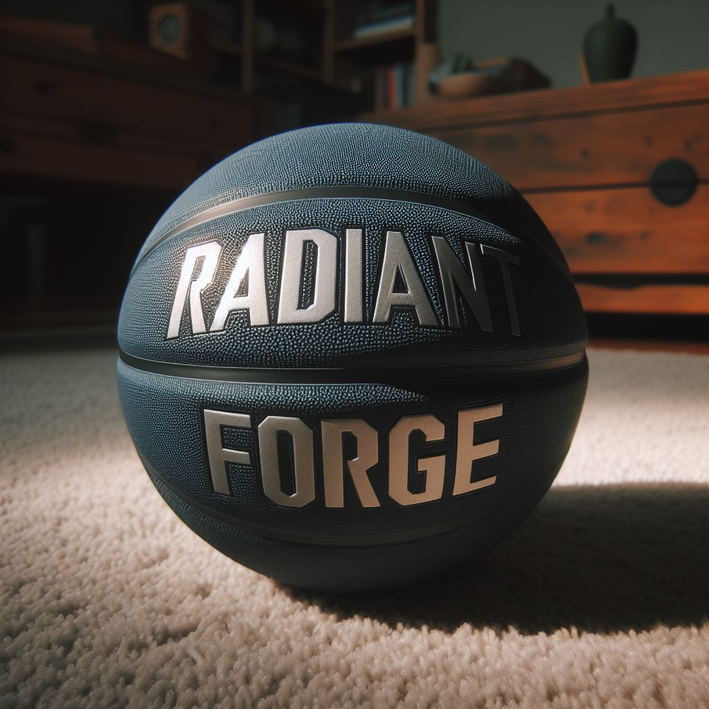 A custom logo basketball with the company's logo on a carpet.