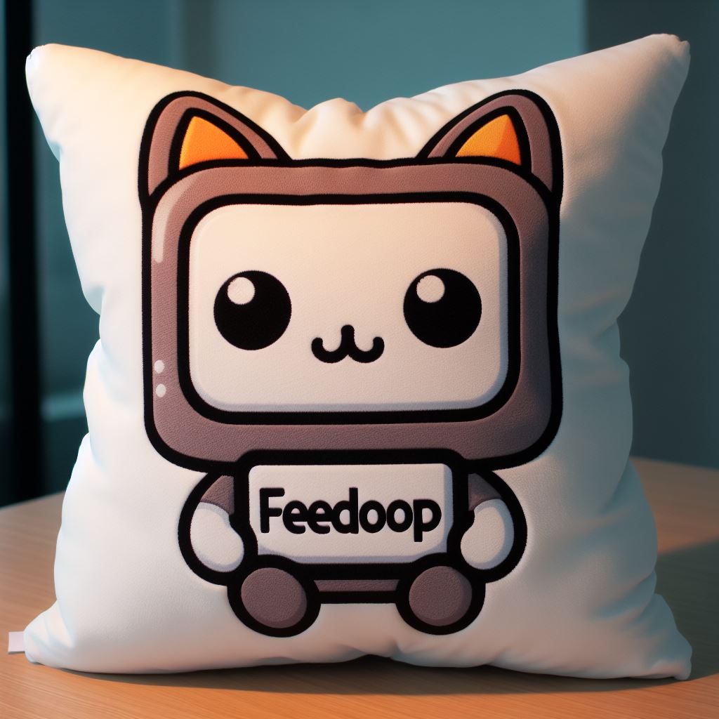 A custom plush pillow with the company's mascot on it.