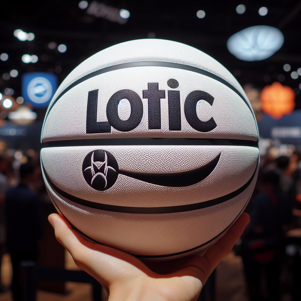 A custom basketball with a company's logo in a tradeshow.