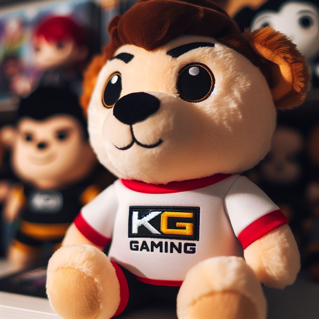 A custom stuffed animal for a streaming channel with their logo on its chest.