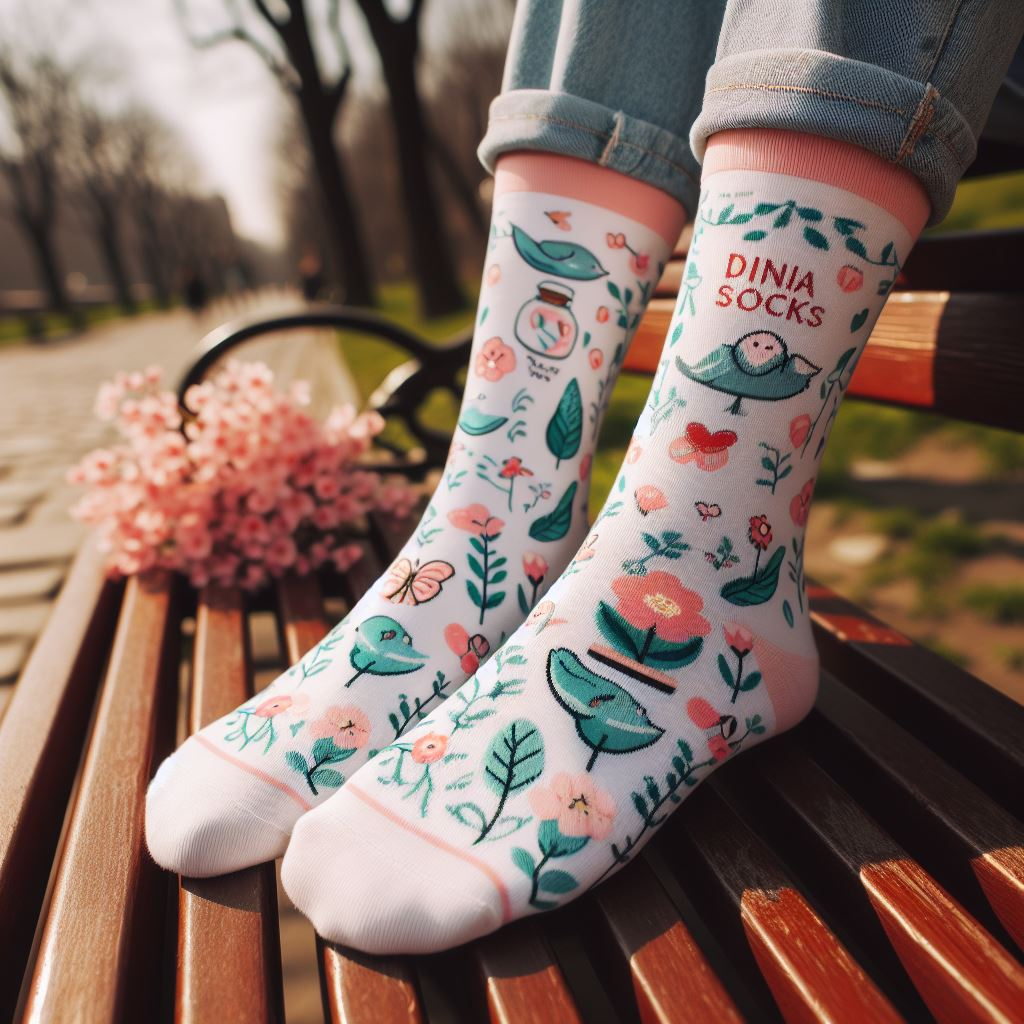 A person wearing custom socks for the spring with floral prints sitting on a park bench.