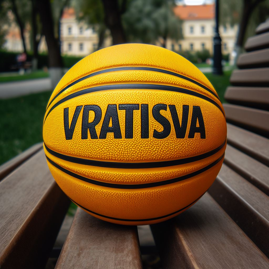 A yellow custom basketball with the company's logo on a park bench.