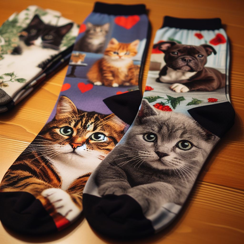 Various custom socks are made by EverLighten with pictures of cute pets. The socks are for a seller in different colors lying on the floor.