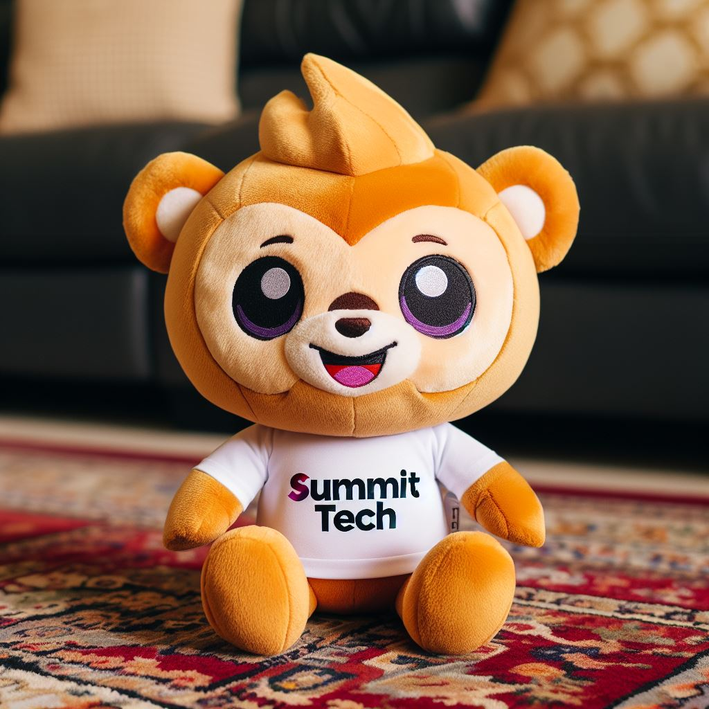 A custom stuffed toy with the company's logo on a rug.