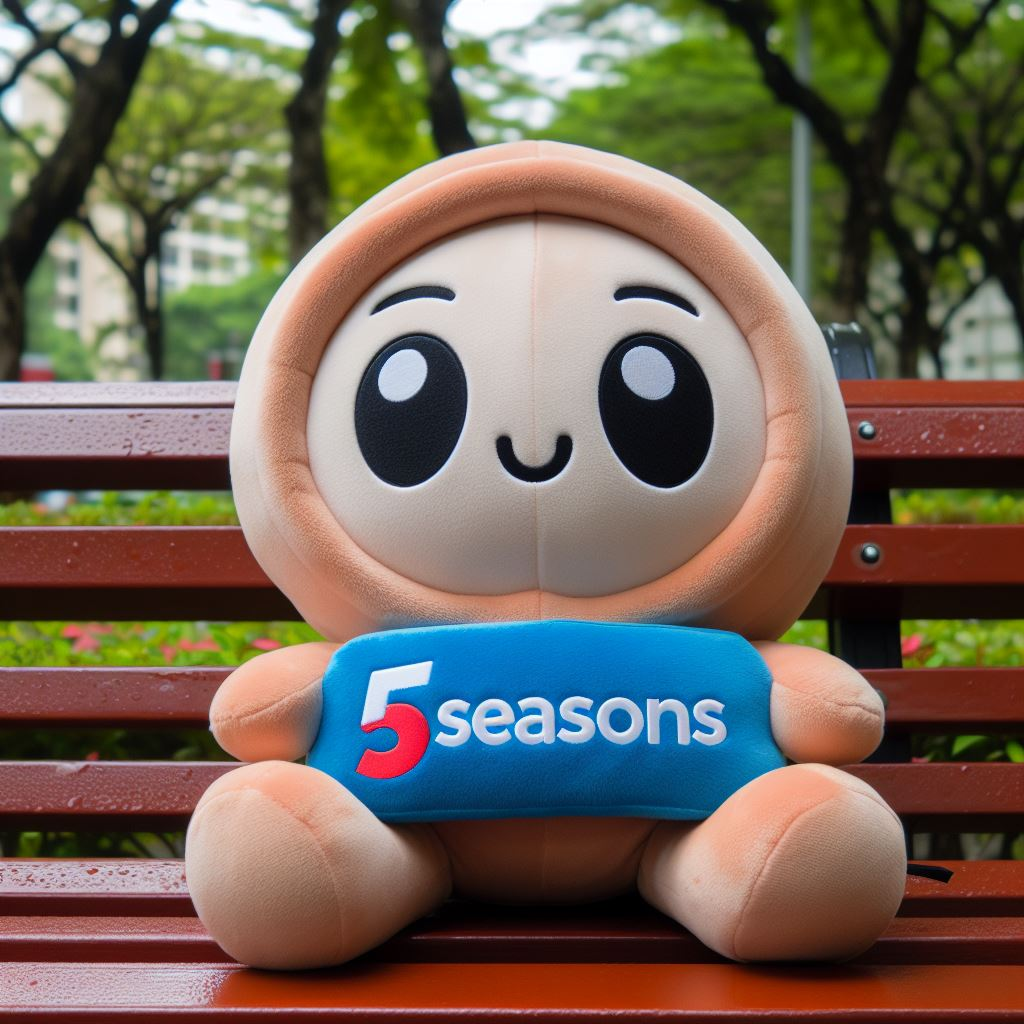 A custom character stuffed plush toy is sitting on a park bench. It is holding the company's logo in its hands.