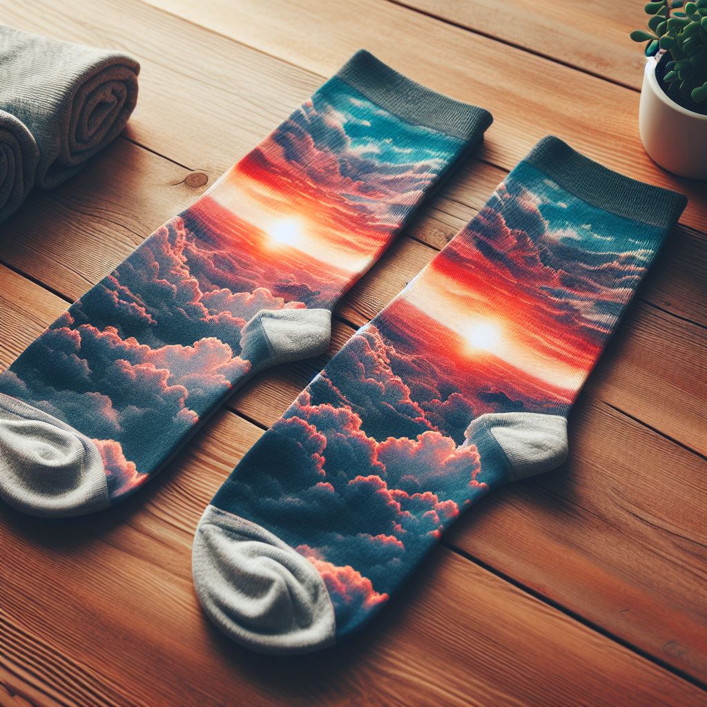 Trending custom socks on TikTok with images of sunset and clouds.