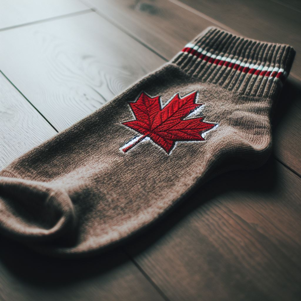 A custom sock with the embroidered logo of a maple leaf on it.