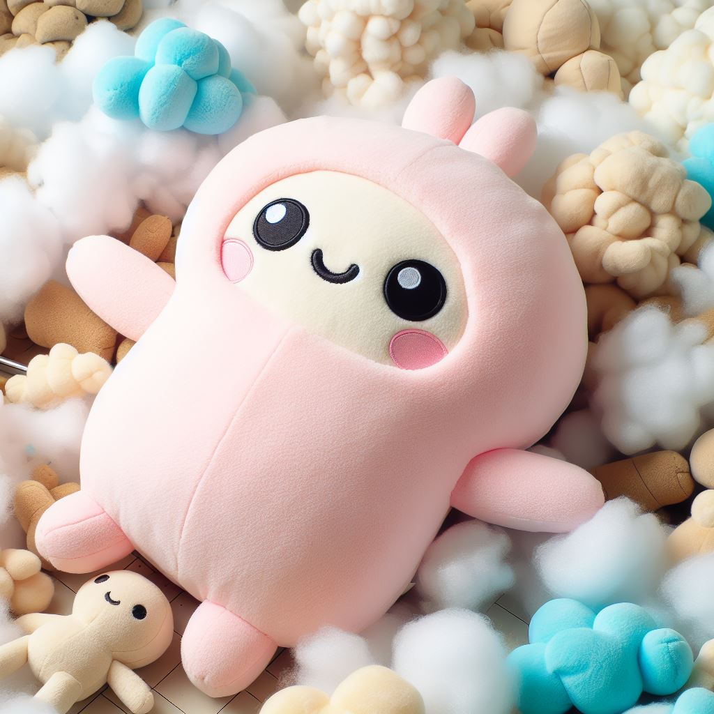 A pink colored custom plush toy lying on top of raw materials.