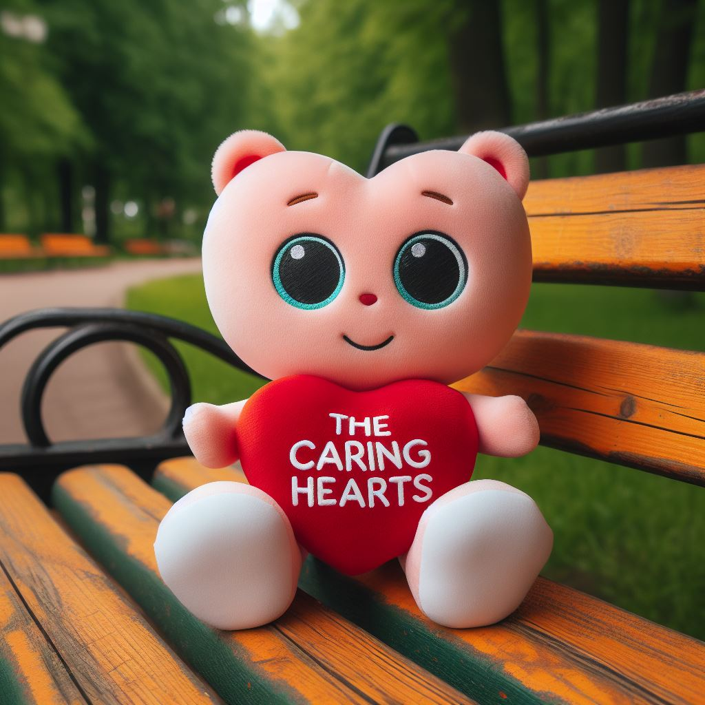 A custom stuffed toy for a non-profit. It is sitting on a park bench with a heart that has the logo on it.