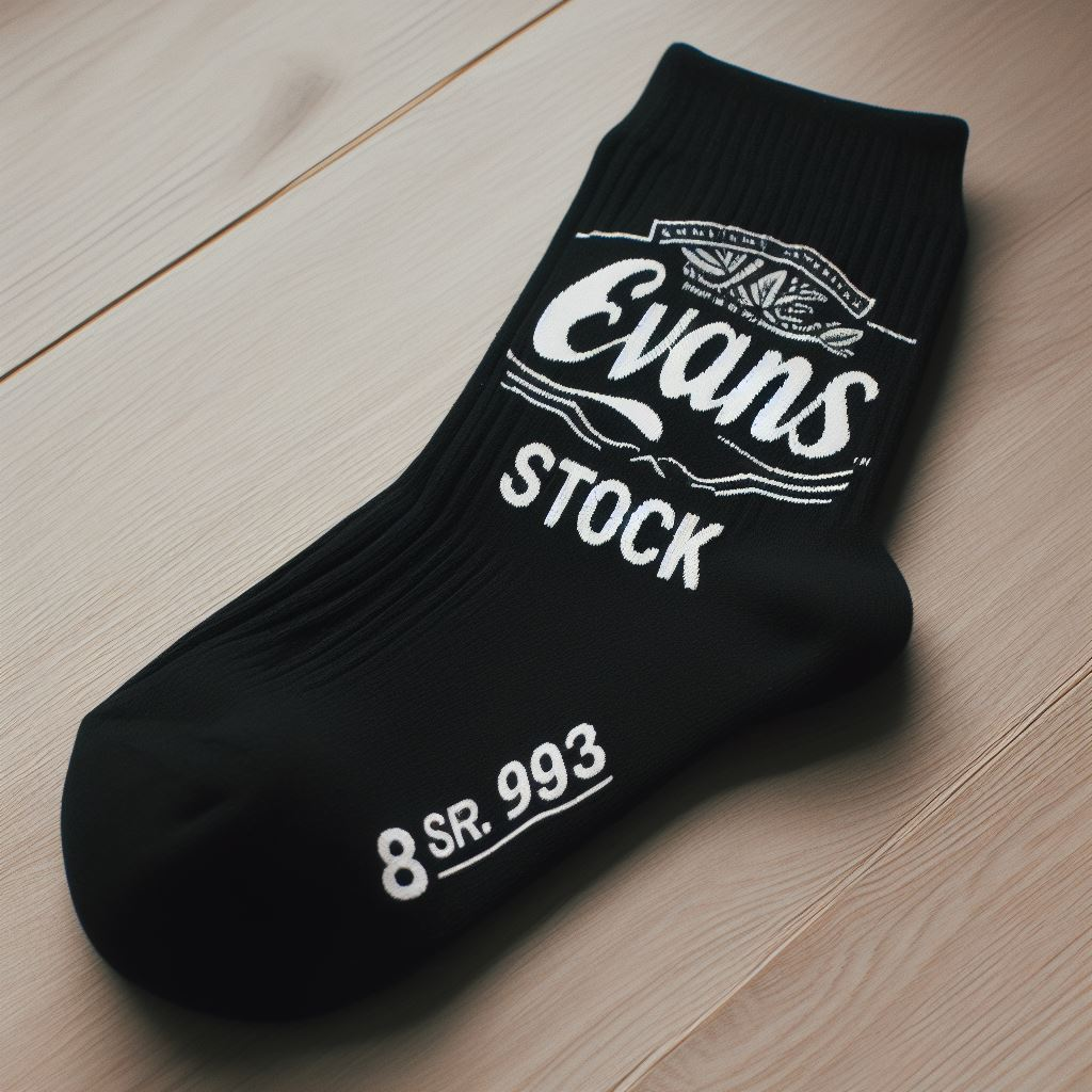 A custom sock made for a financial company in black. It is on the floor.