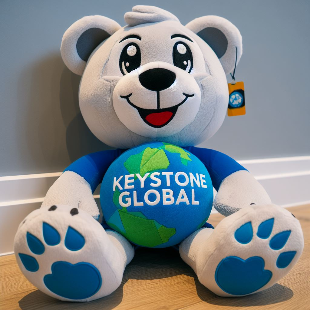 A custom plushie mascot sitting on the floor. It looks like a bear with a globe as its belly.