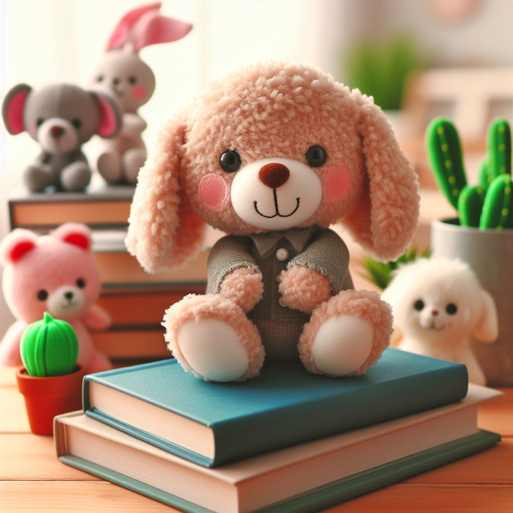 A cute custom plush toy resembling a dog sitting on books on a table.