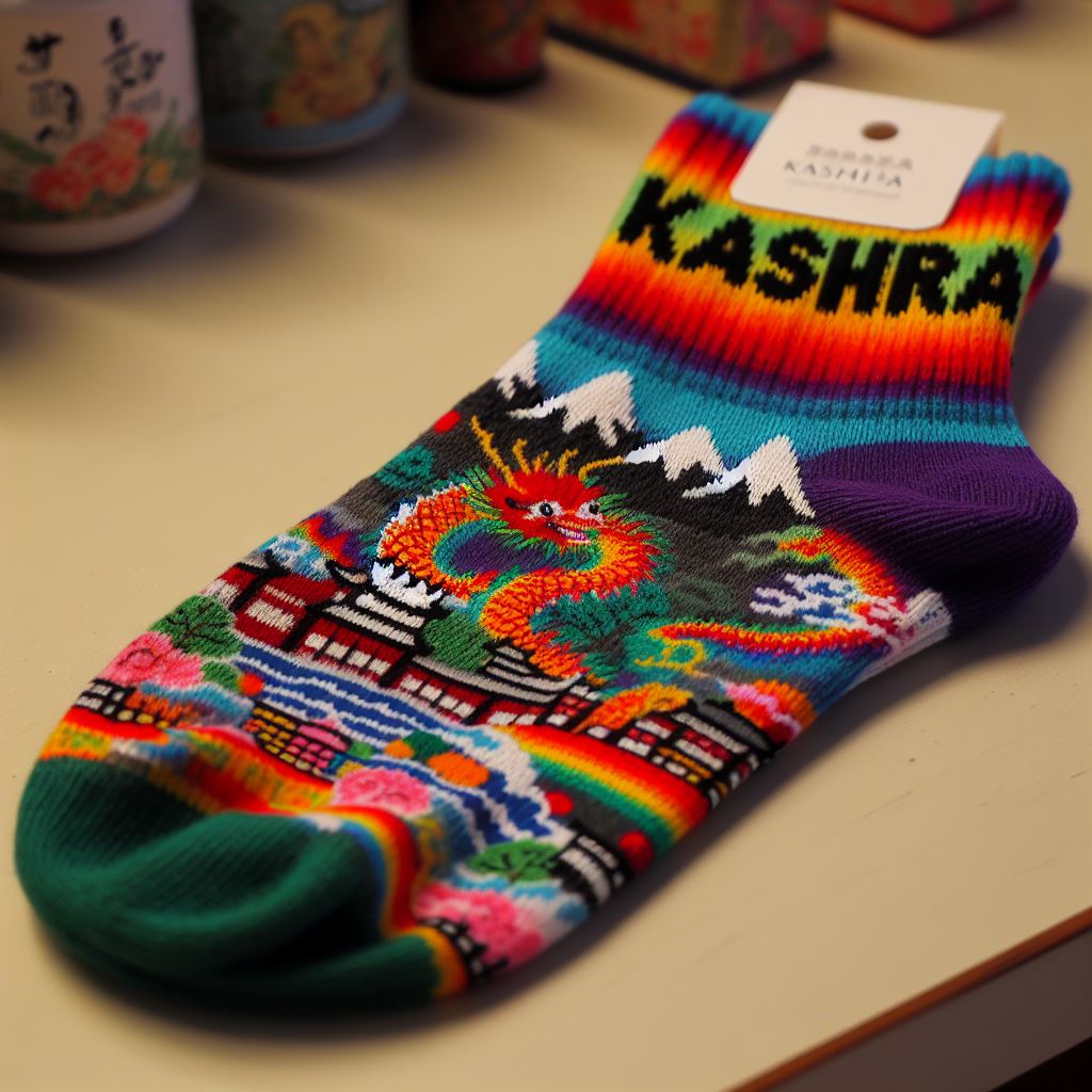 A colorful woolen custom sock on a table. It has the logo of the company on it.