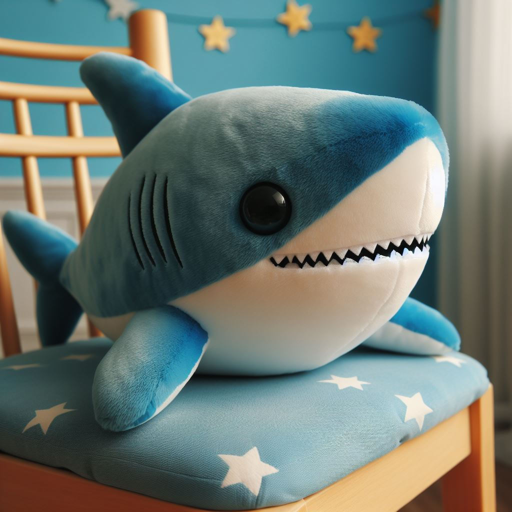 A cute blue shark custom plush toy on a chair.