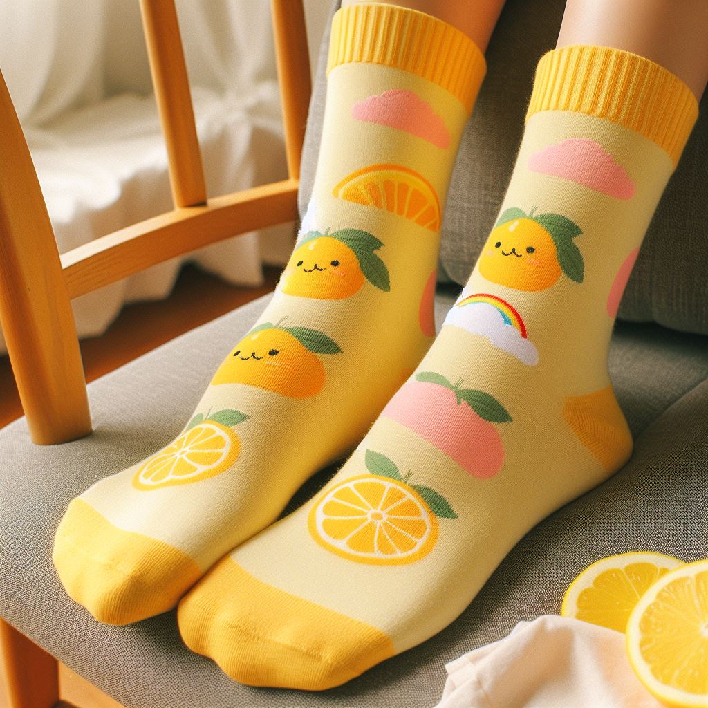 A person wearing custom socks for summer with pastel shades like lemon yellow or buttery yellow for a softer touch.