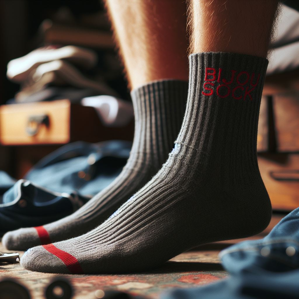 A gray customized sock with the logo in red made by EverLighten.