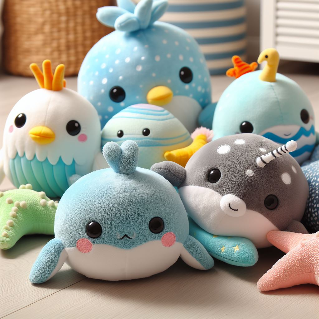 Cute marine animals' custom plush toys. They are made by EverLighten.