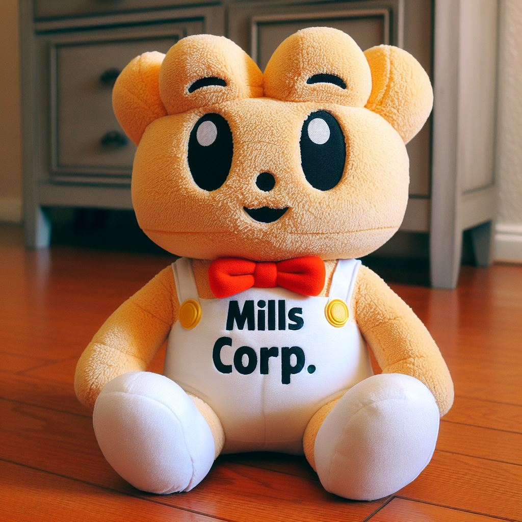 A custom plush mascot with the company's logo. It is sitting on the floor.
