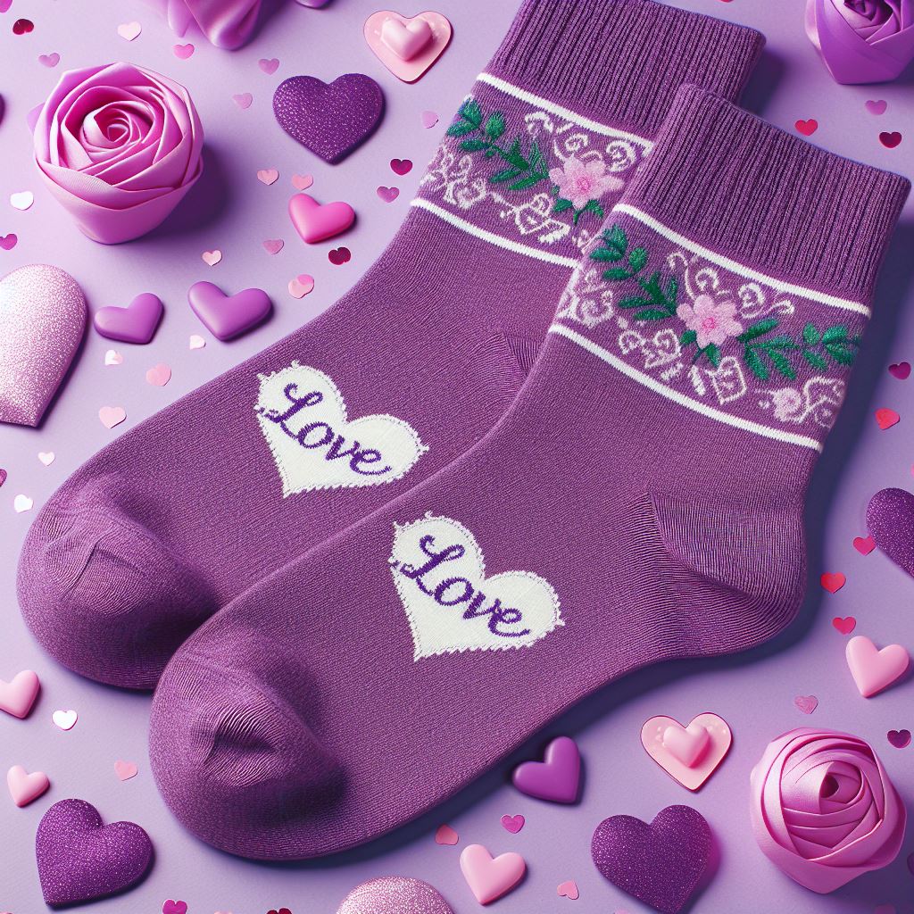 Purple custom socks for Valentine's Day. It has a heart and the text Love.