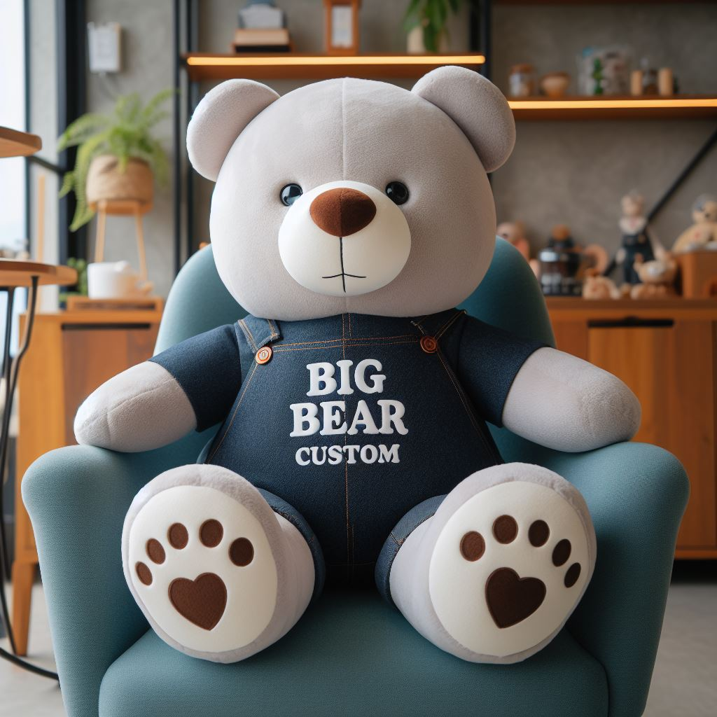 A big bear custom plushie for a company. It is sitting on a sofa.