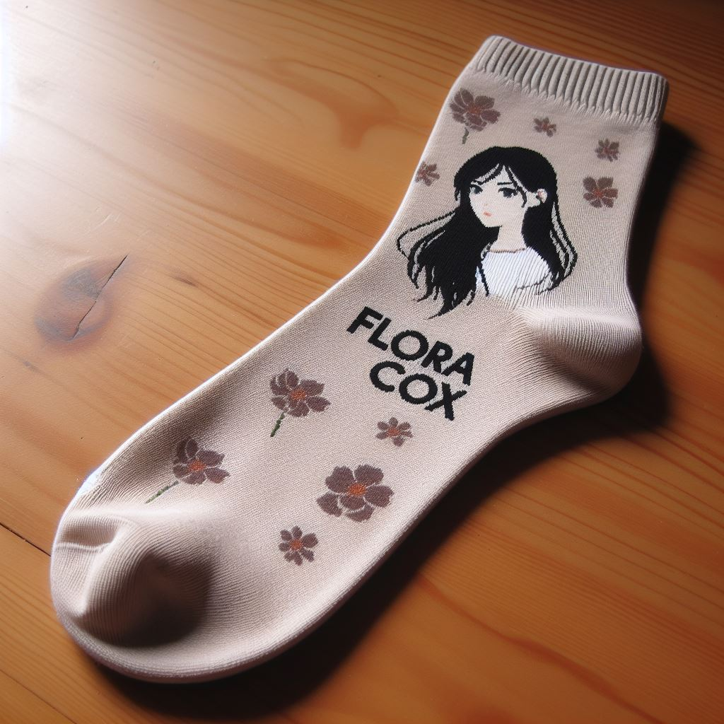 A custom sock with a picture and text-styled logo.