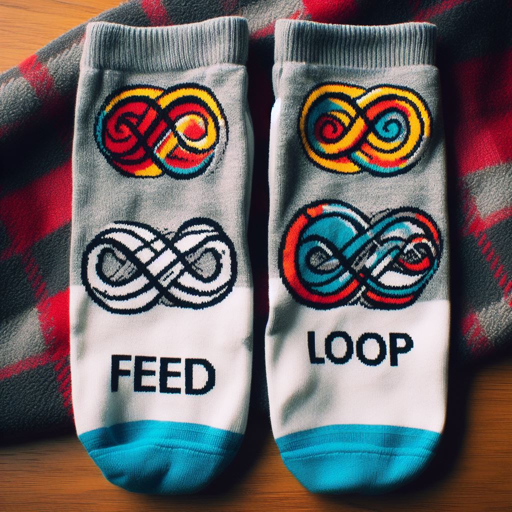 A pair of mismatched custom socks with a logo.