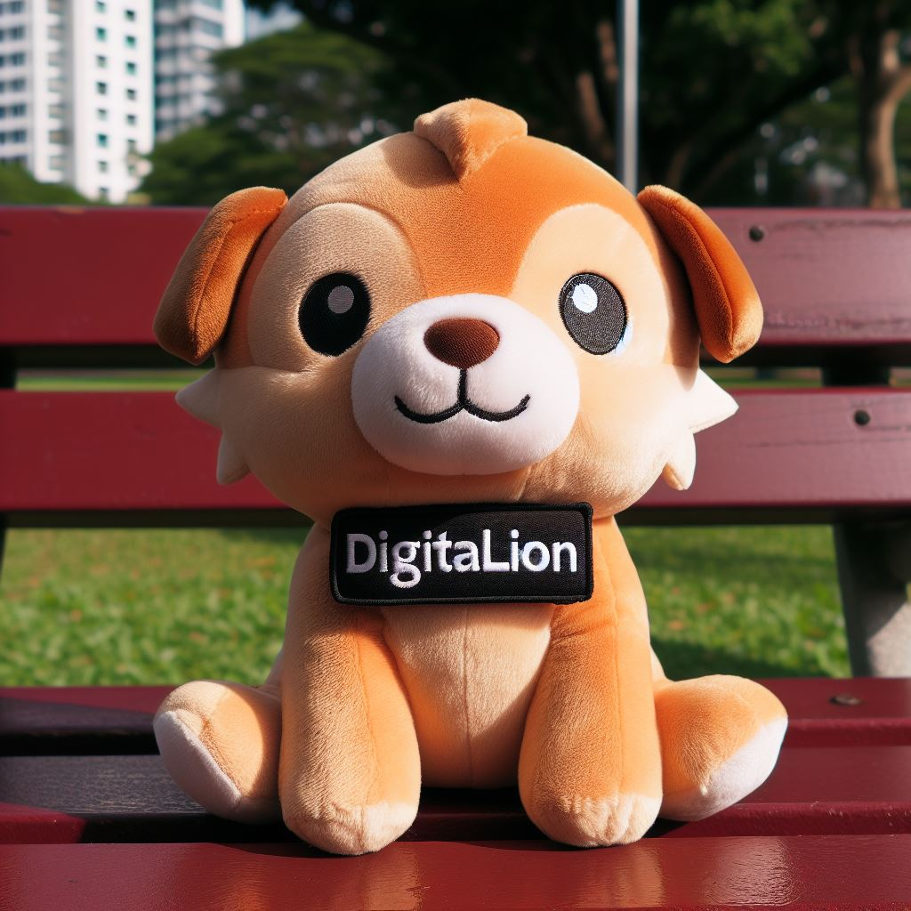 A custom plush mascot dog for a company sitting on a park bench. It has a logo on its chest.