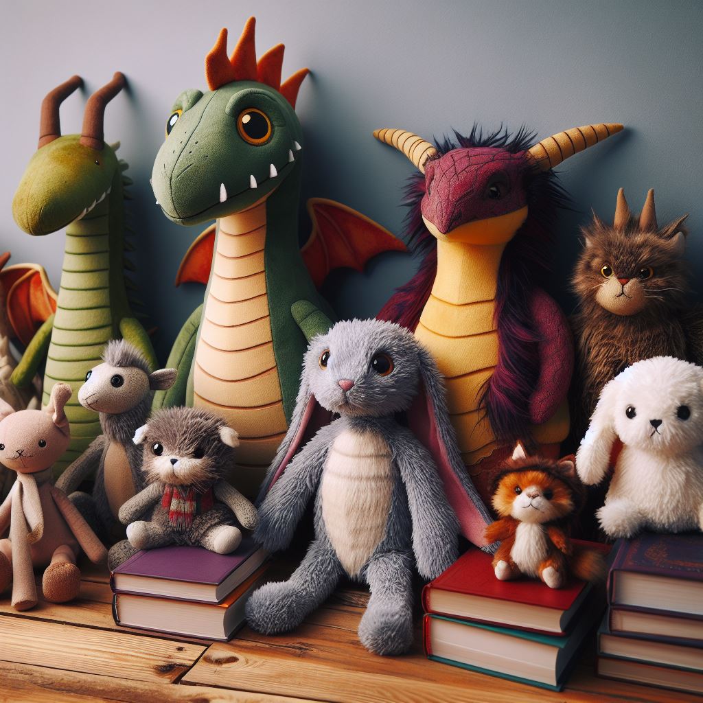 Magical custom plush toys from various books on a shelf.