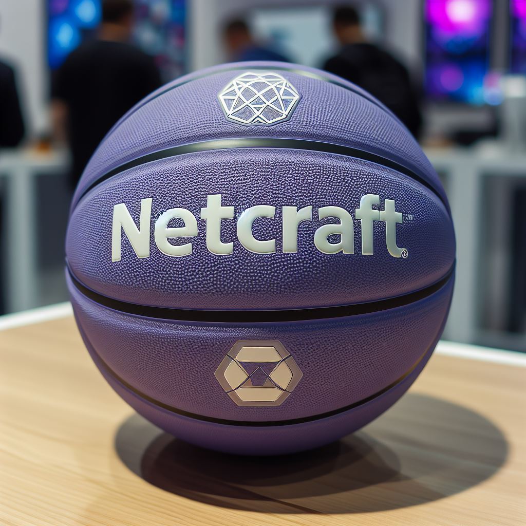 A basketball in the color Periwinkle with the logo kept on a tradeshow table.