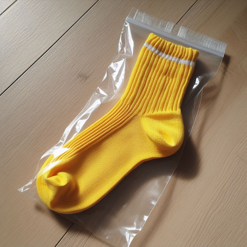 Yellow custom sock in a cellophane packaging lying on the floor.