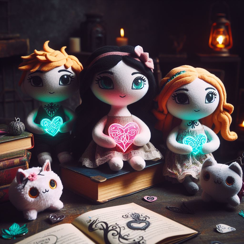 Custom plush toys are kept on an old table from the book The Paper & Hearts Society by Cassandra Clare and Holly Black.