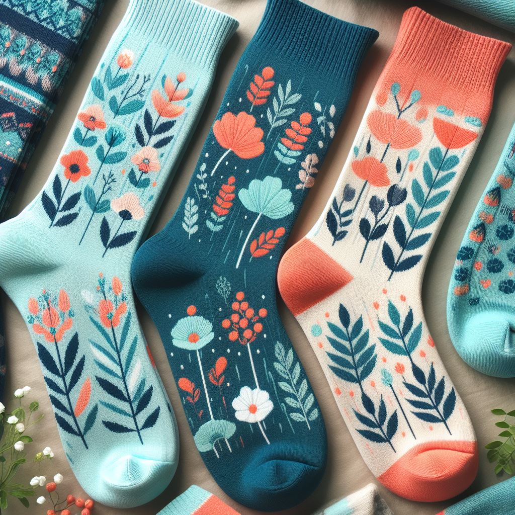 Spring-themed floral printed custom socks in various colors lying on a table.