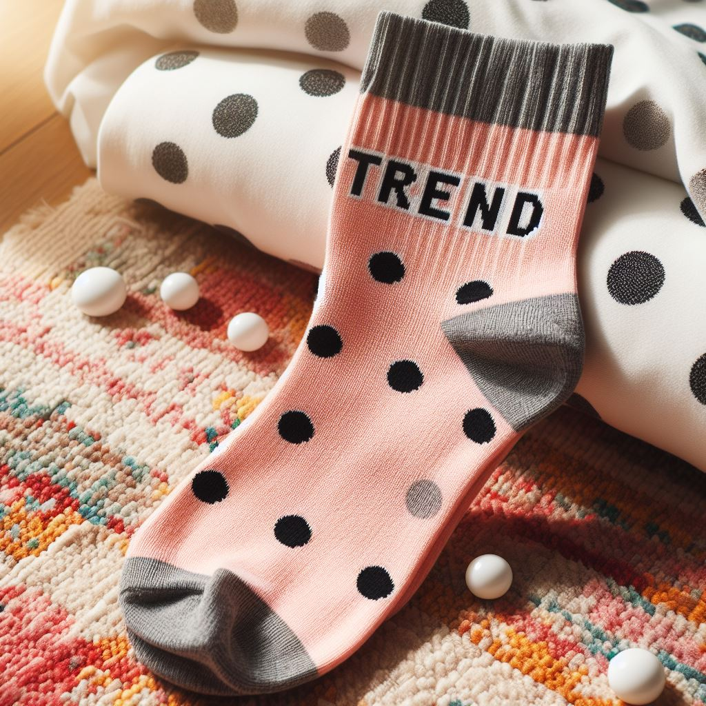 A peach-colored polka-dotted custom sock with the brand's logo. It is made by EverLighten.