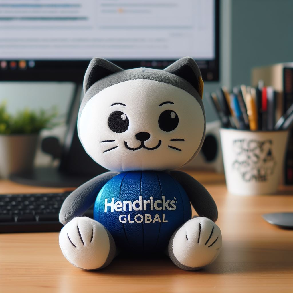 A cute little kitty custom plushie with the company's logo on it. It is sitting on a desk.