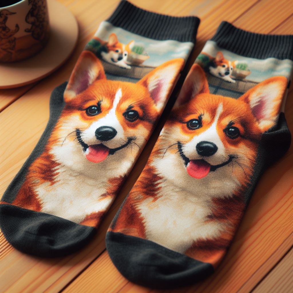 Trending custom socks on TikTok with images of Korgi lying on a wooden floor.