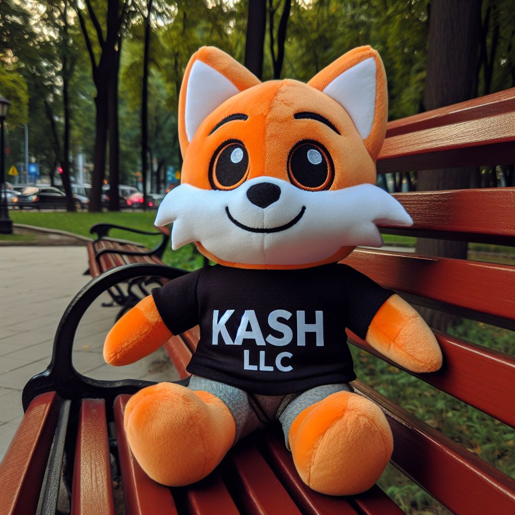 A custom plush mascot that looks like a fox. It is sitting on a park bench.