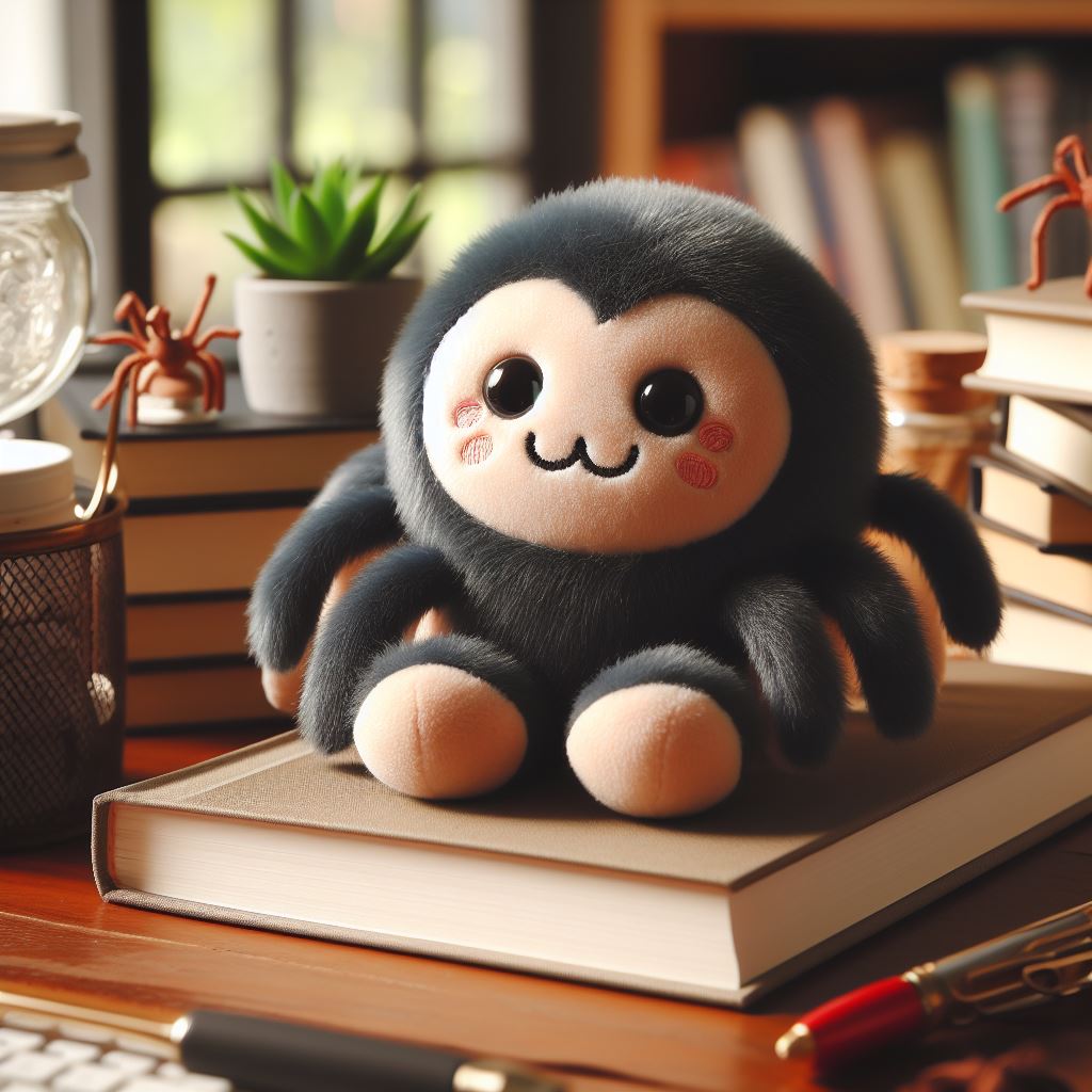 Custom stuffed toys based on the book's characters sitting on books on a table.