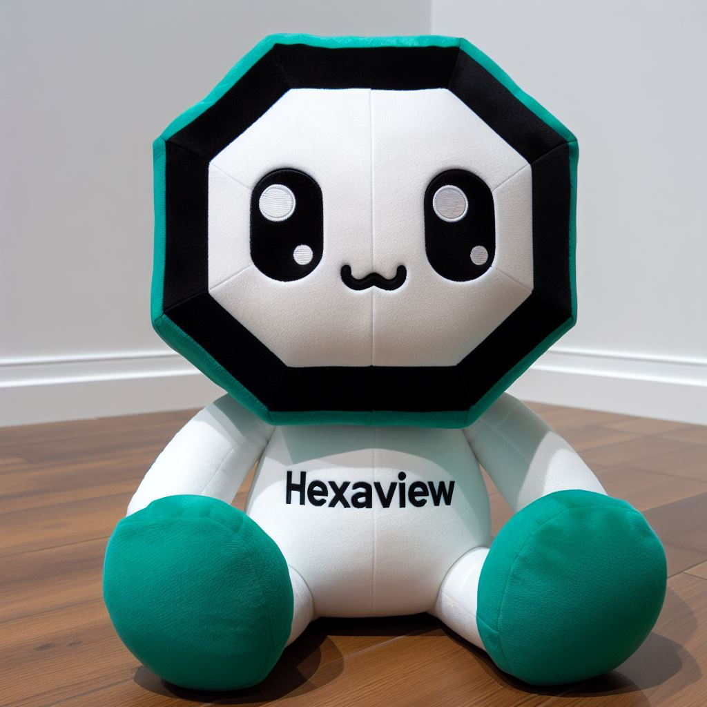A custom plushie for a company with its logo on its chest. It is sitting on the floor.