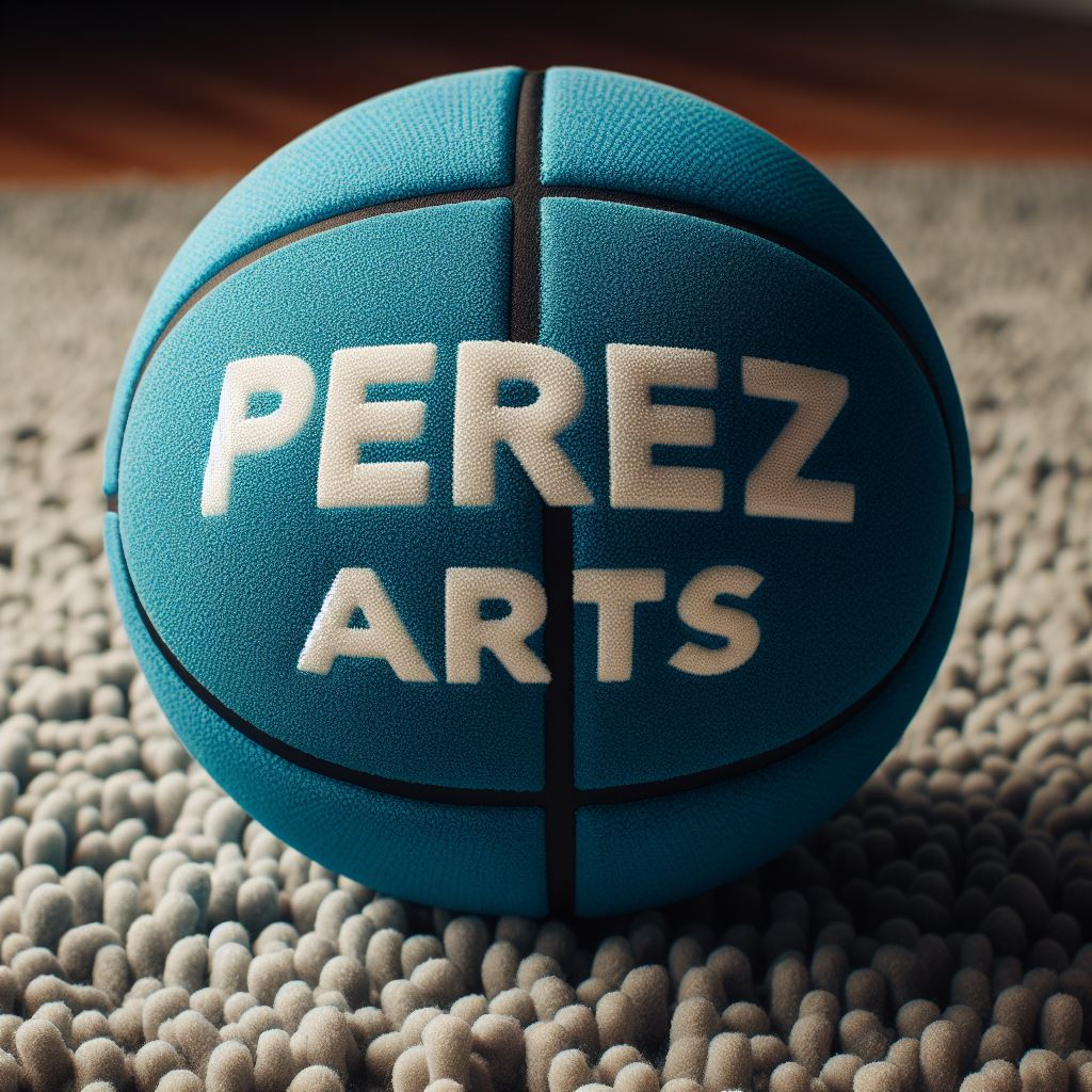 A blue custom logo basketball made by EverLighten for an art studio. It is kept on a carpet.