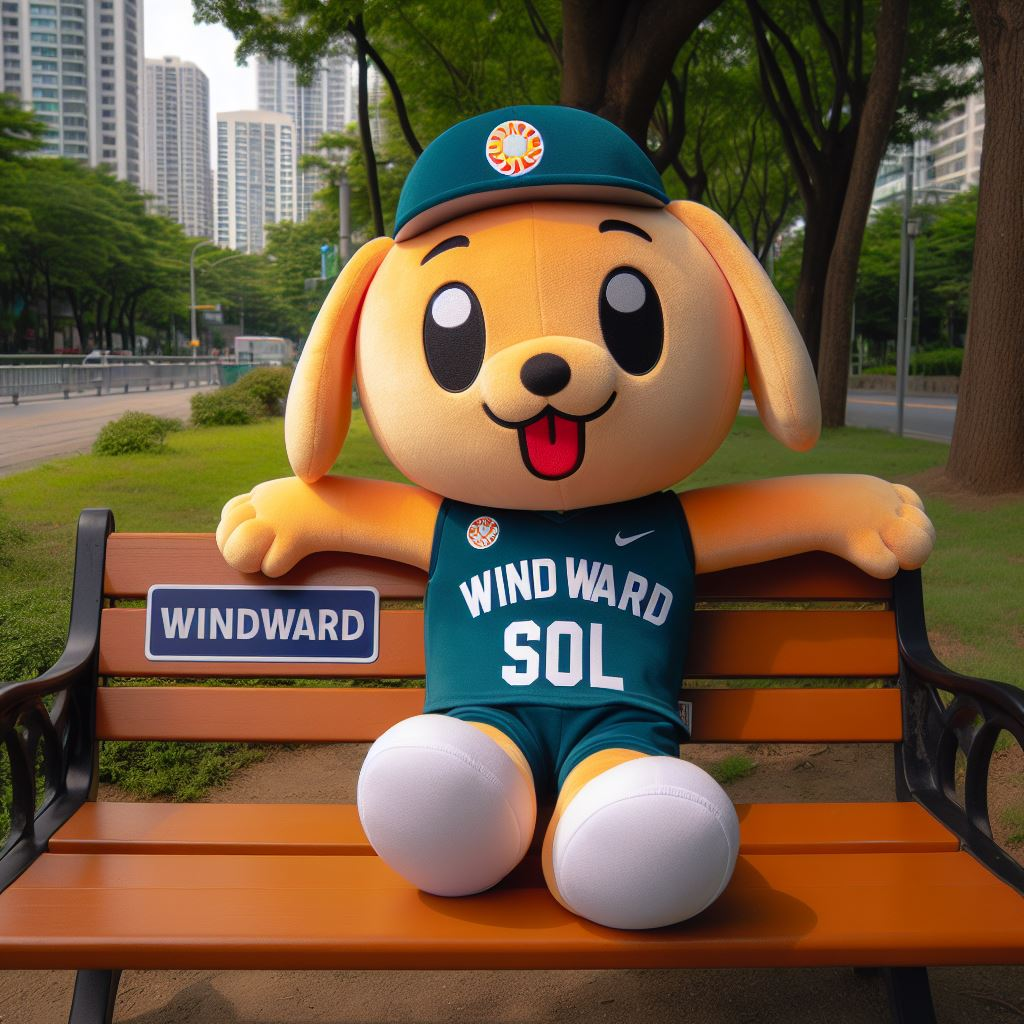 A custom plushie mascot for a company. It is a dog wearing a basketball jersey and a cap. It is sitting on a park bench.