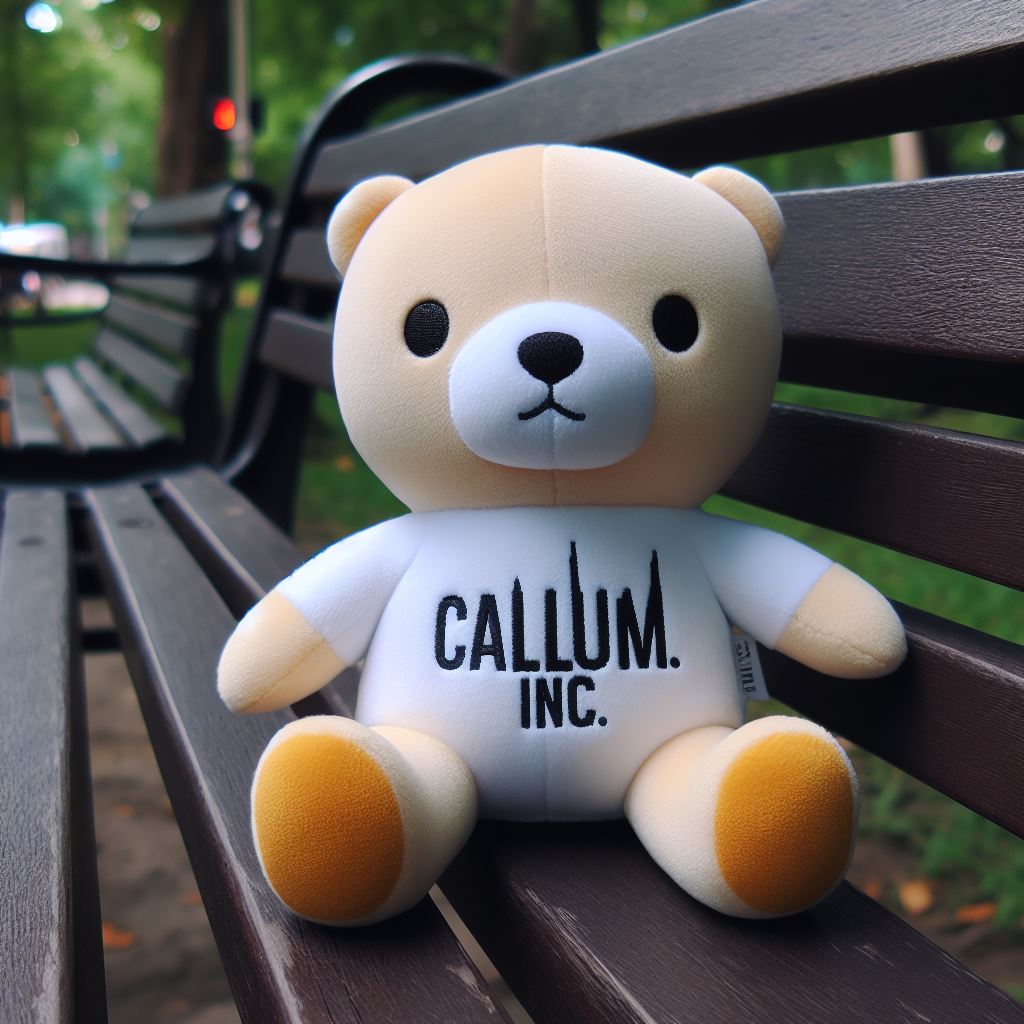 A custom plushie with a company's logo on it. It is sitting on a park bench.
