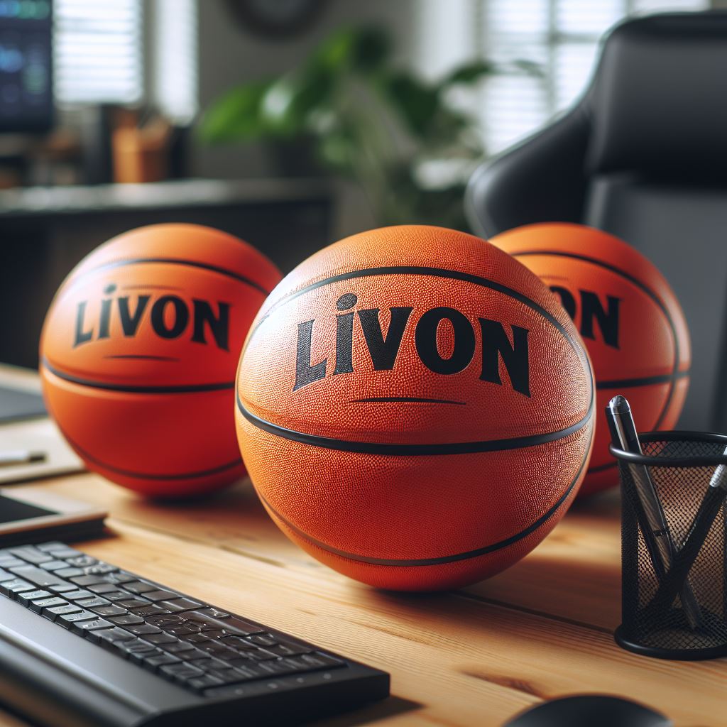 Three custom basketballs with a company logo kept on a table.