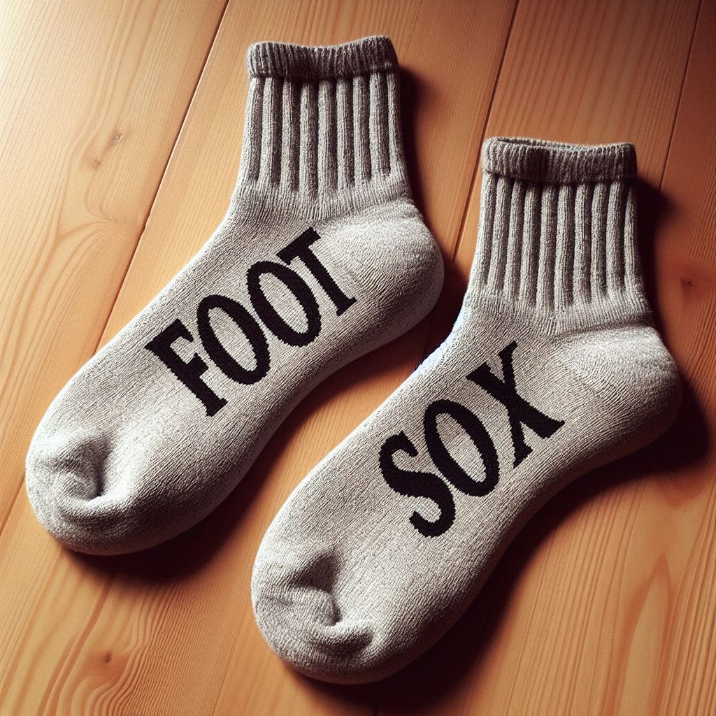 A pair of light-gray heavy-duty custom socks with a logo lying on the floor.